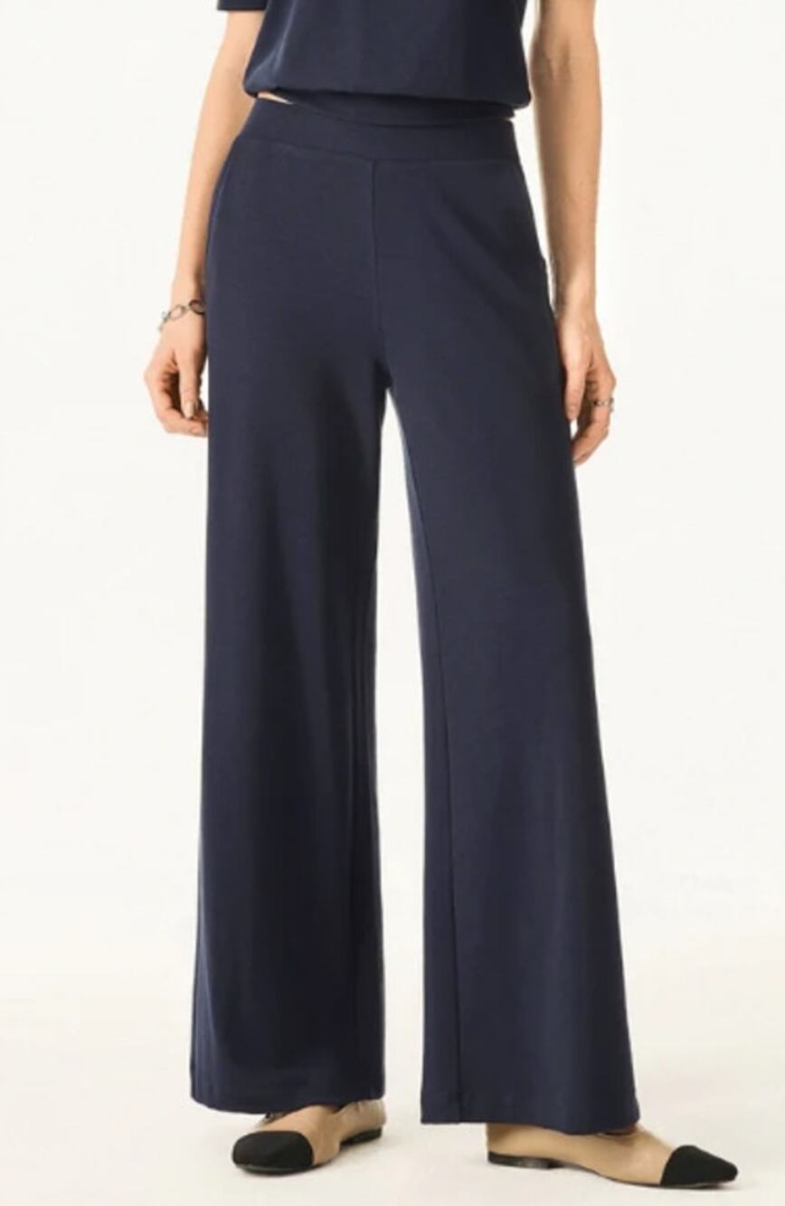 OGL Pants Lyocell Wool Mid Rise Wide Leg Pull-on Navy Blue Size Large Petite